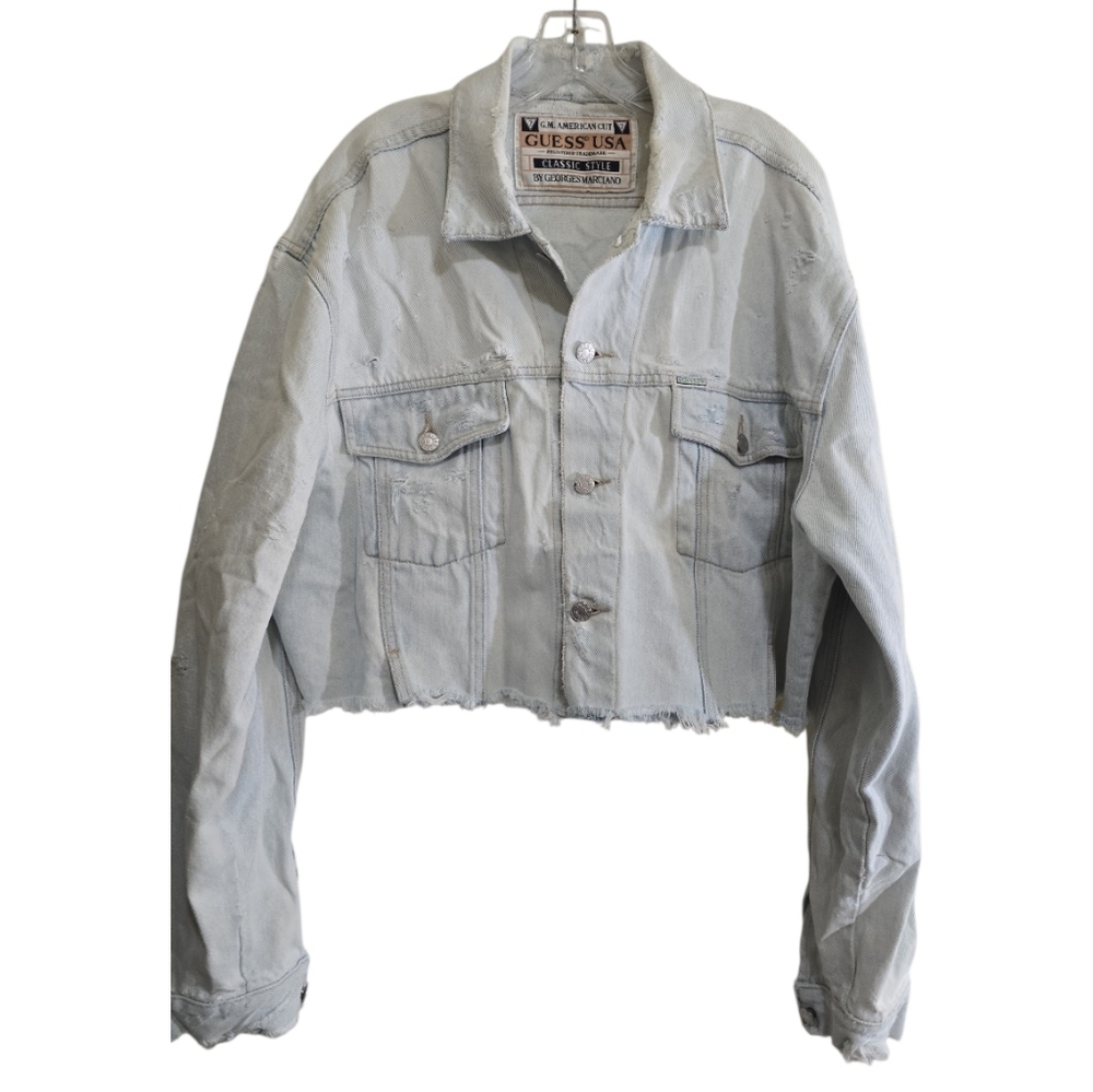 Guess Vintage 80s Light Wash Thrashed Jean Jacket Logo Large Cropped Distressed